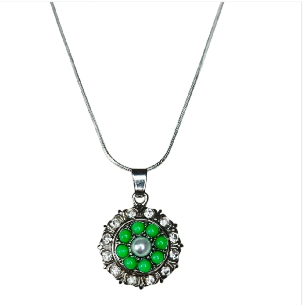 Silver Rhinestone Snap Necklace Green Pearl & Red Flower Interchangeable